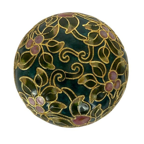 Cloisonné Floral Patterned Round Paperweight Hand Painted Green Pink Gold - Picture 4 of 6